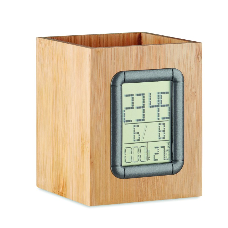 Portabolígrafos de bambú con reloj y calendario Manila
