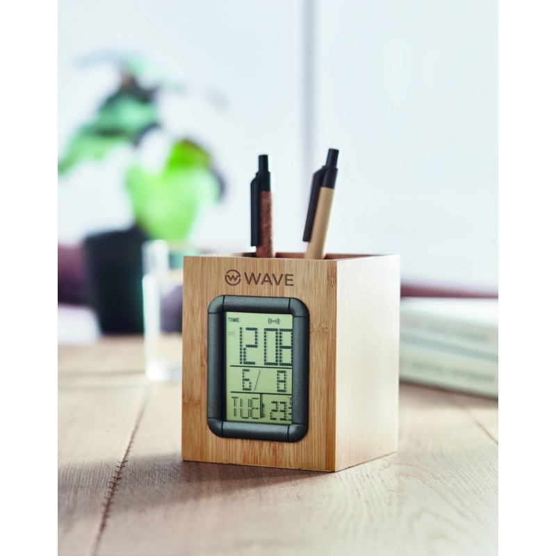 Portabolígrafos de bambú con reloj y calendario Manila