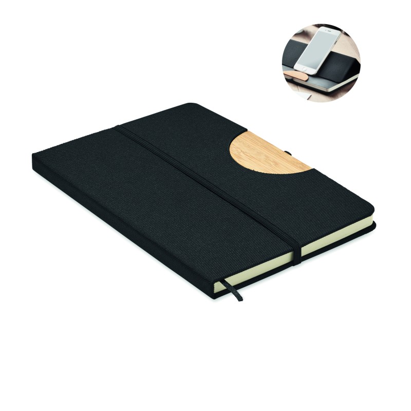 Libreta A5 de RPET con soporte para móvil Blama