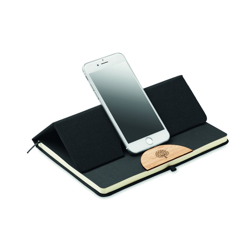 Libreta A5 de RPET con soporte para móvil Blama