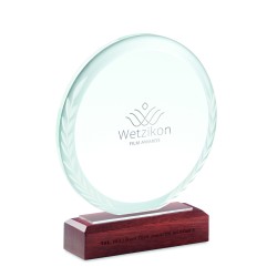 Trofeo redondo de cristal con base de madera Keen