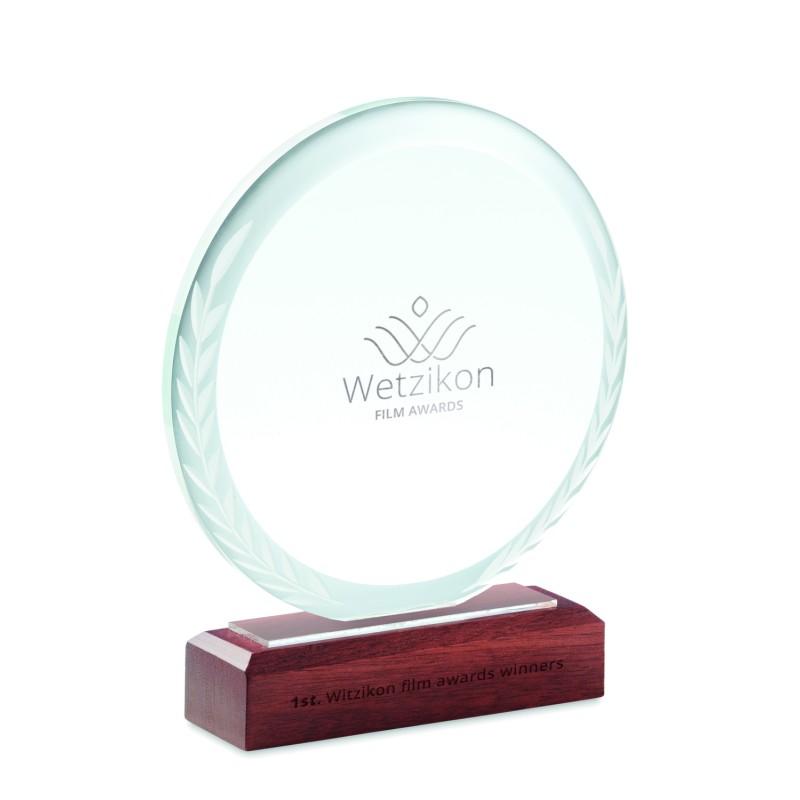 Trofeo redondo de cristal con base de madera Keen