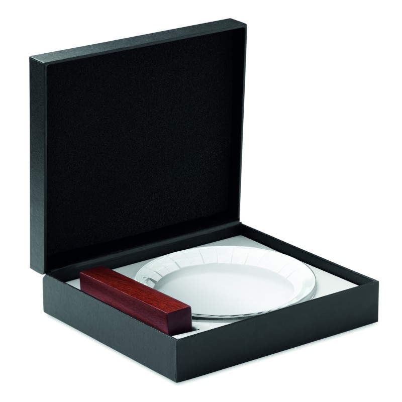 Trofeo redondo de cristal con base de madera Keen