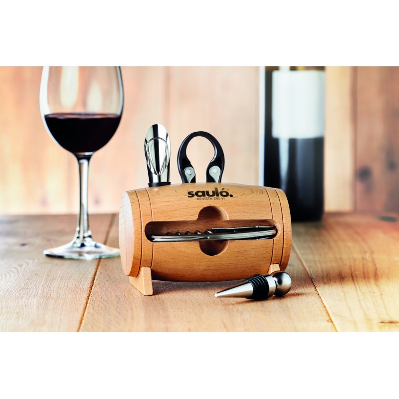 Set de vino con soporte de madera Bota