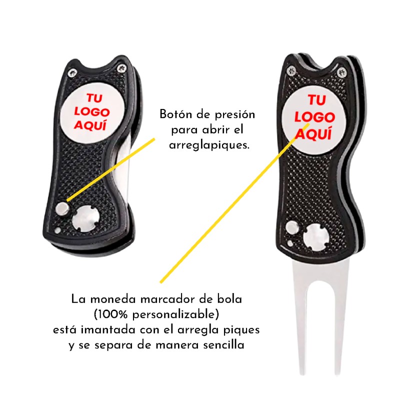 Arreglapiques de Golf premium, metálico, resistente y con diseño ergonómico. Personalizable con gota de resina a todo color