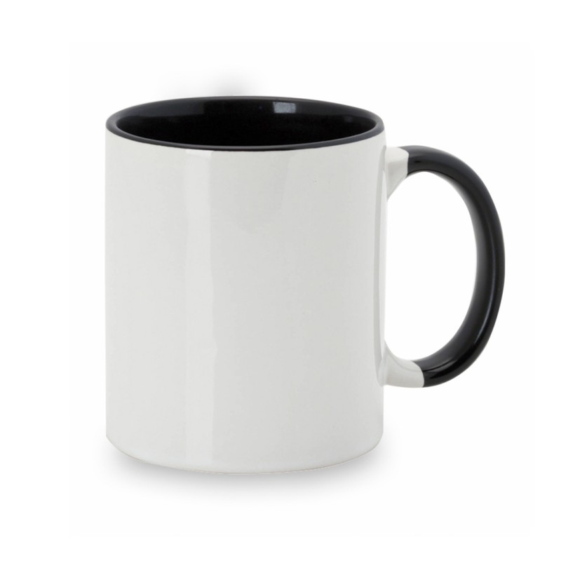 Taza de sublimación blanca con interior y asa negros sobre fondo blanco