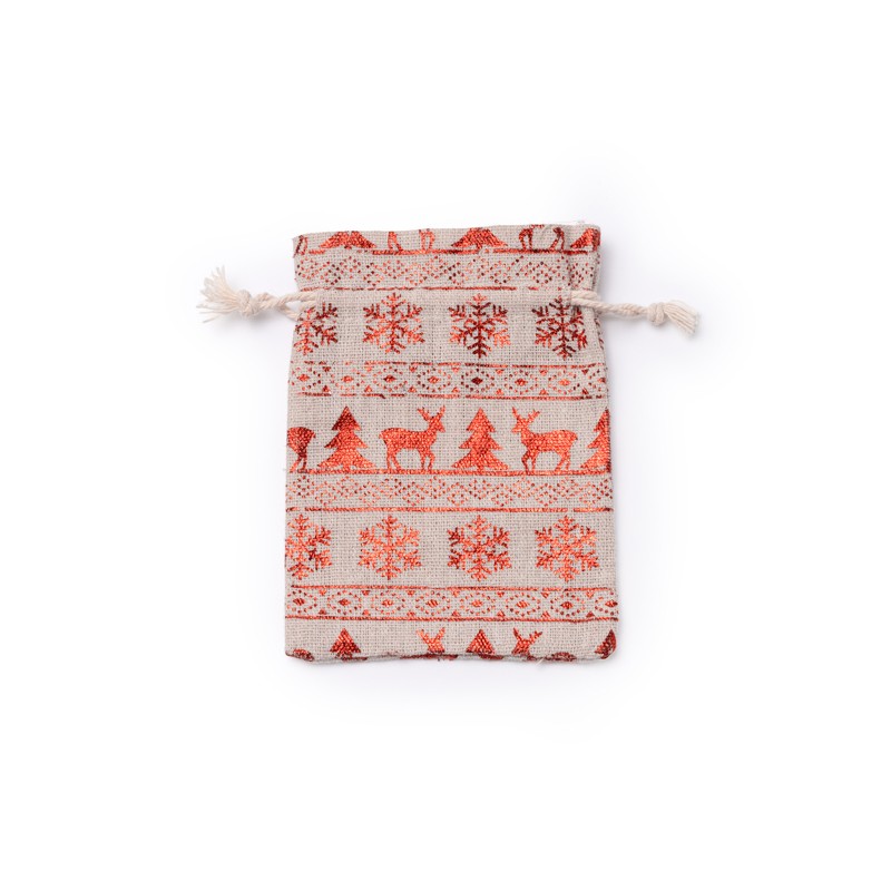 Bolsa de tela con estampado navideno de renos y copos de nieve en tonos rojos