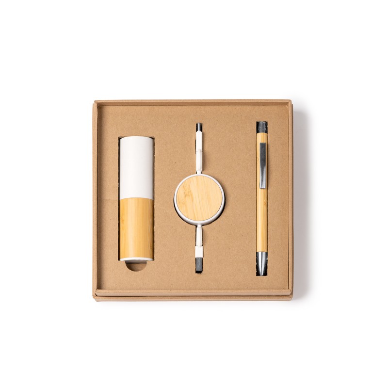 Set de regalo de bambu con power bank, cargador inalambrico y boligrafo en caja kraft